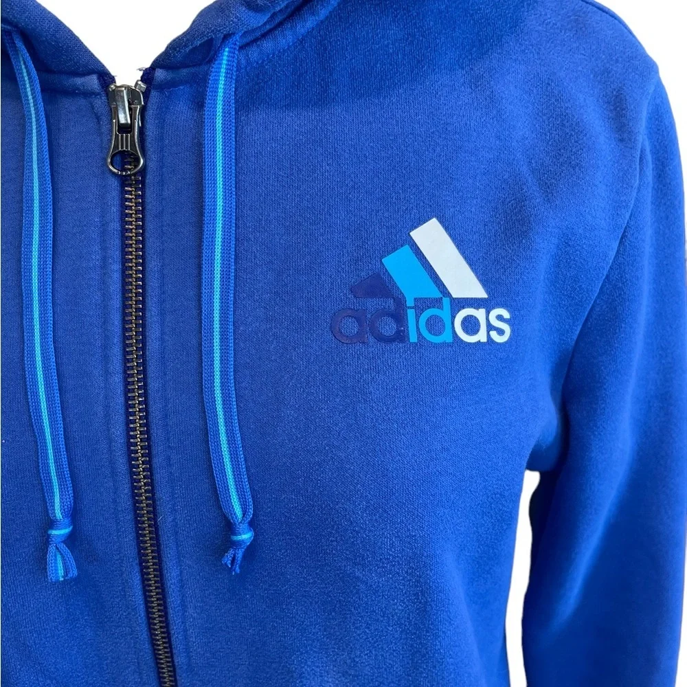 ADIDAS ~ Blue Hoodie Sweatshirt with Adidas Signature 3-Stripes Hood Detail ~ M